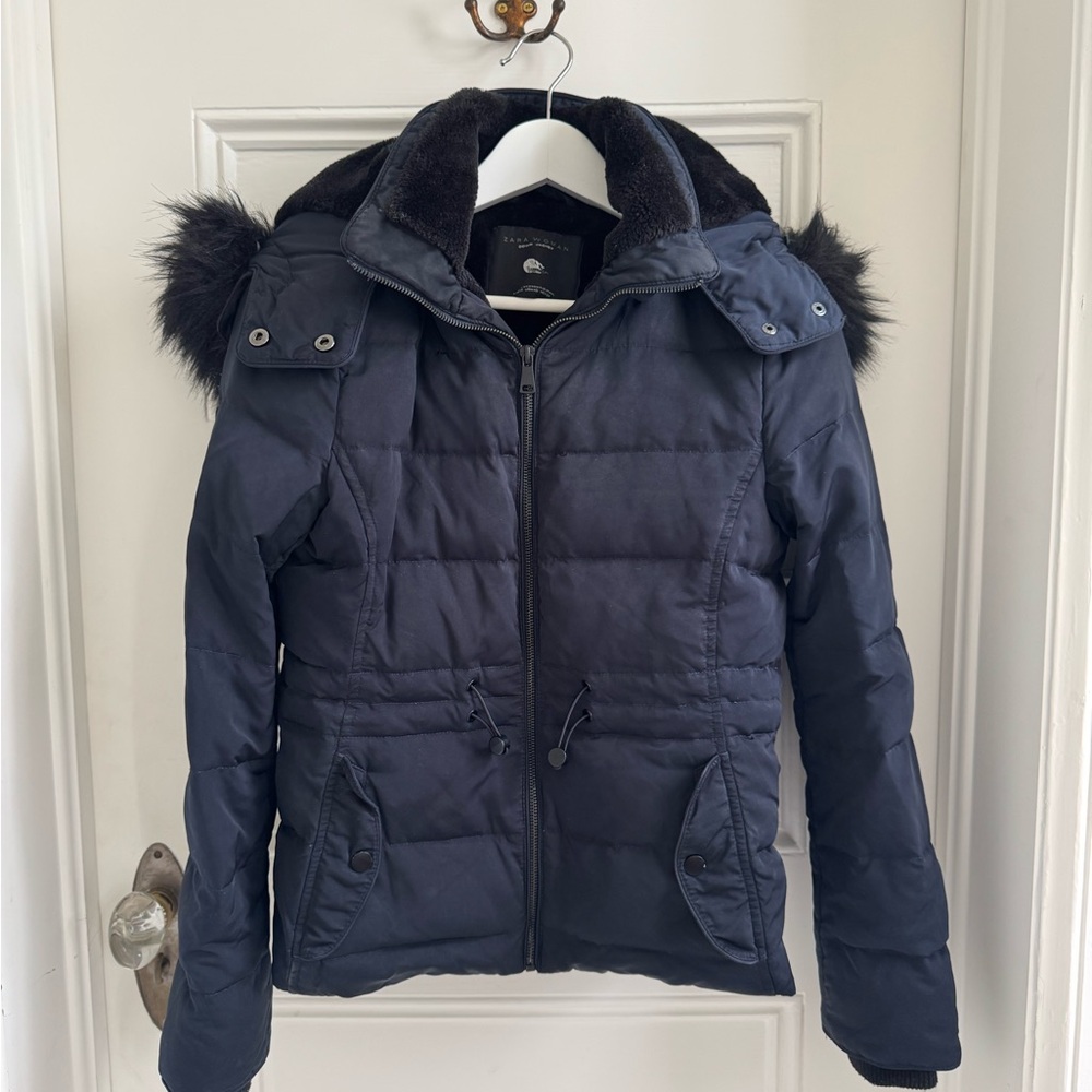 Navy Puffer Jacket with Faux Fur Hood